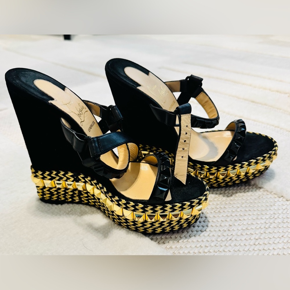 Christian Louboutin Black and Gold Wedge Espadrilles | Previously Loved